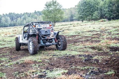Srebrny buggy z klatką na podmokłej łące z rozjeżdżonym błotem