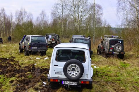 Biały Suzuki Samurai i inne terenówki na podmokłej łące przy brzozowym lesie